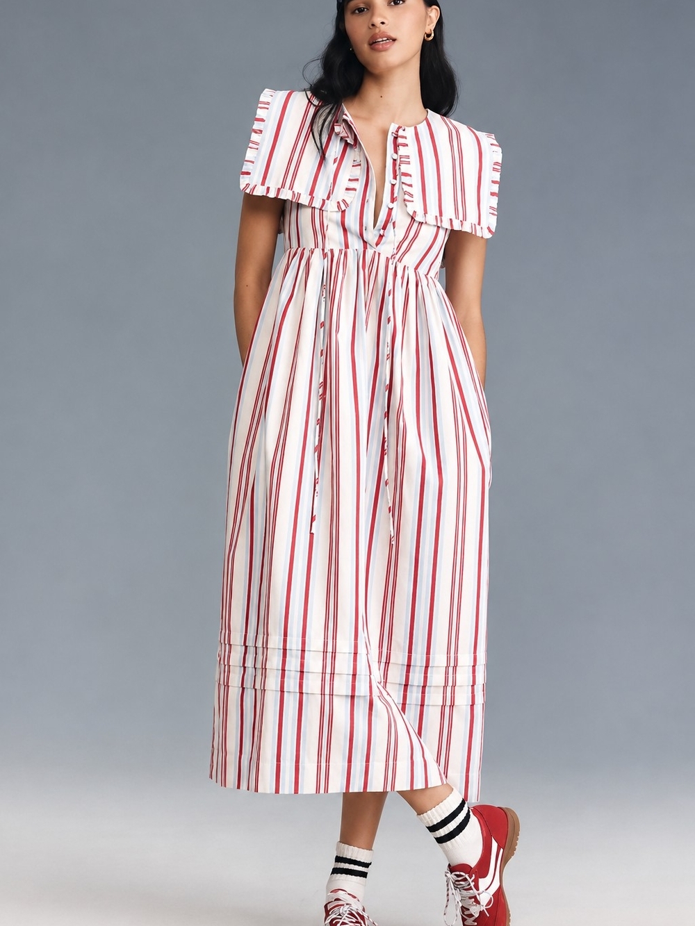 Damson Madder Josephine Collared Midi Dress Butter Cherry Stripe